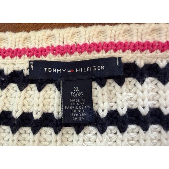 Tommy Hilfiger Women's Cable Knit Sweater Pullover Pocket White Navy XL - Picture 10 of 14